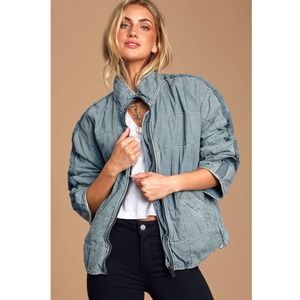 NEW Free People Dolman Quilted Blue Denim Jacket Oversized Fit Size M